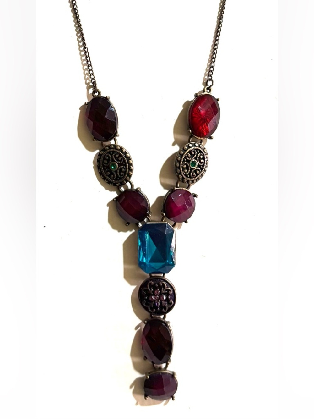 Vintage Statement Multi-Gem Pendant Necklace - Blue and Deep Red